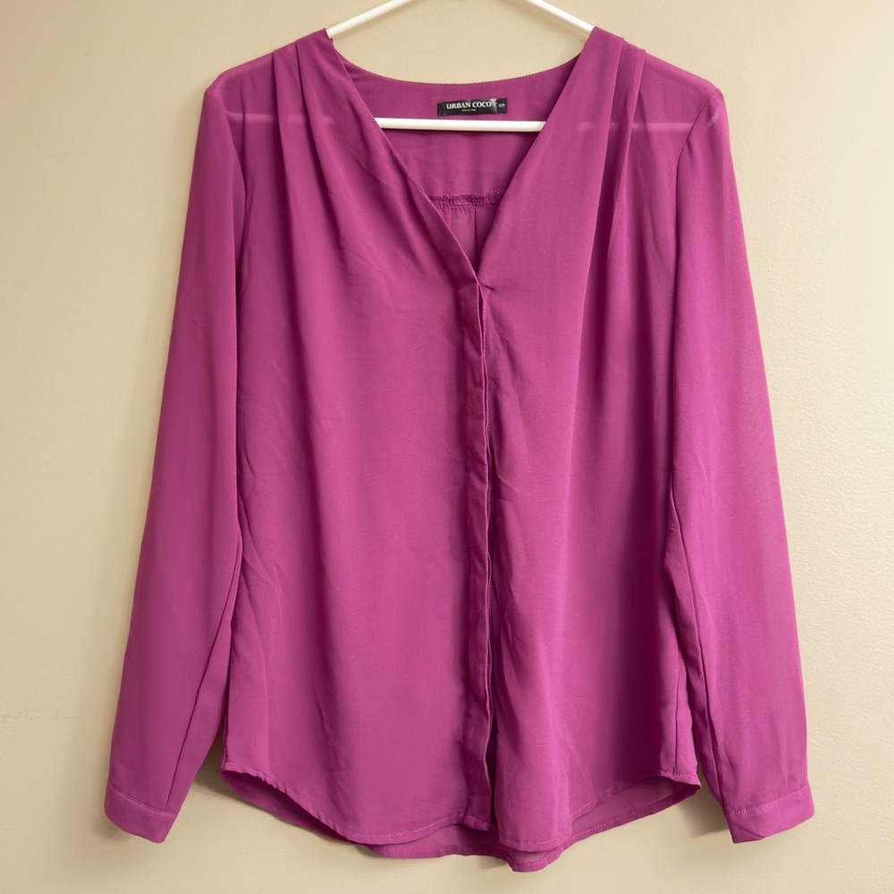 Urban CoCo Womens V Neck Ruffled Shoulder Chiffon Blouse Size S